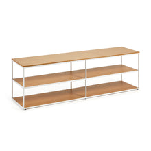 Load image into Gallery viewer, Yoana TV stand with oak veneer and painted white metal structure, 160 x 40 cm