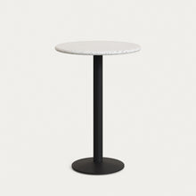 Load image into Gallery viewer, Saura round high bar table made of black metal with a white terrazzo top, 96 x Ø70 cm